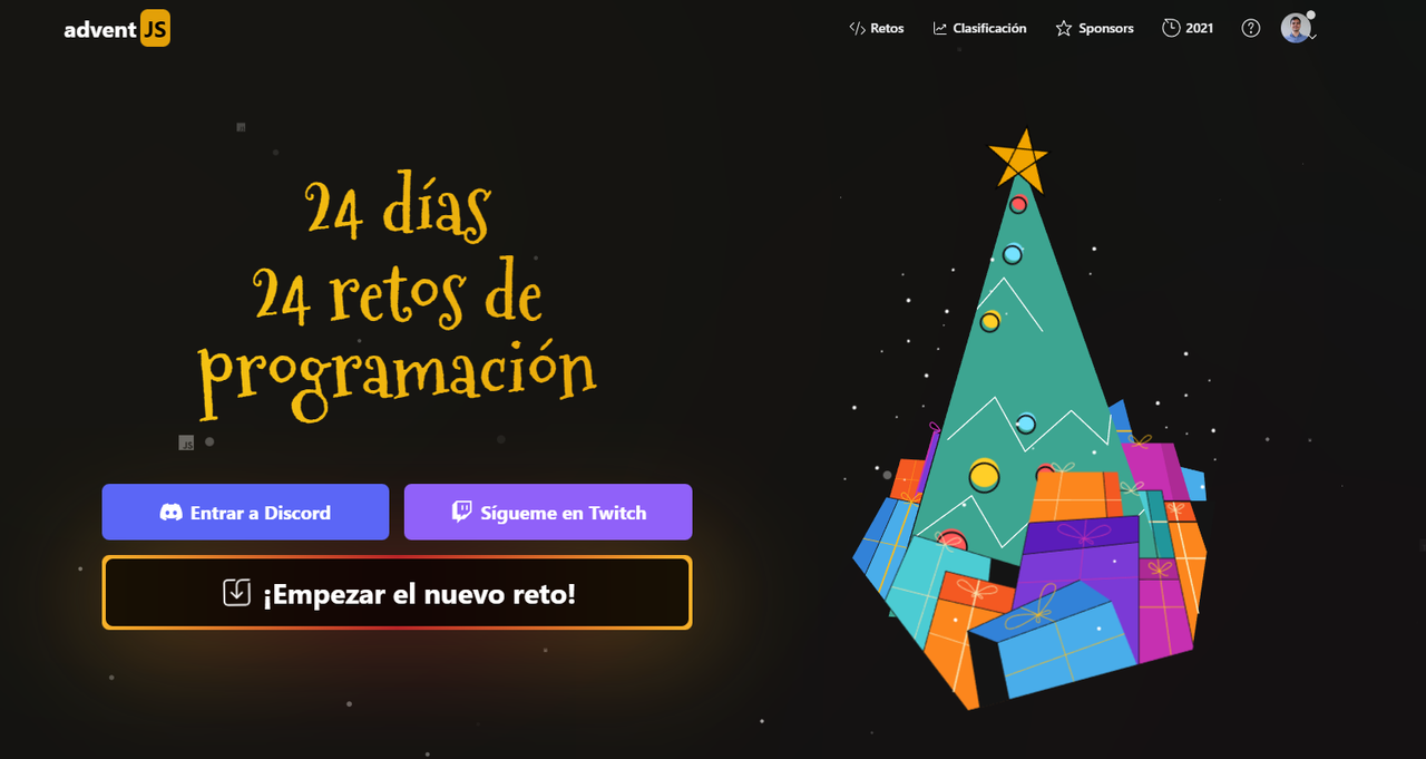 La pagina web de adventJS, el cual se compone de la palabra AdventJS, seguido de un arbol navideño lleno de decoraciones.