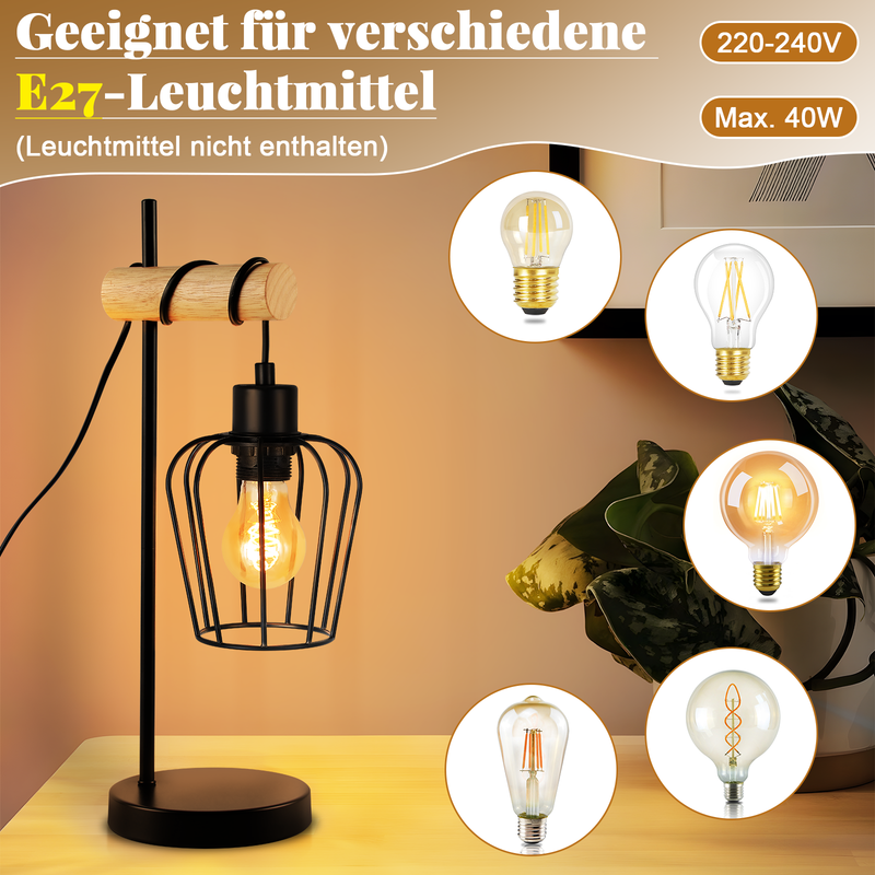 Zmh Lampada Da Tavolo Vintage Legno Nera Metallo E27 1 Luce Senza Lampadina Per Soggiorno Comodino