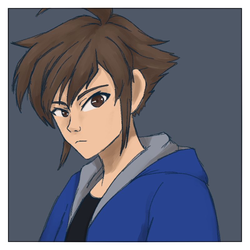 A digital drawing of Cass from the shoulders up. He has light
    skin and dark brown hair, styled such that most of it is slicked back to one point on the back of his head, with two long strands to the 
    sides. Cass also has a rather prominent ahoge and pointed brown eyes. He is wearing a blue jacket with gray lining over a black T-shirt.