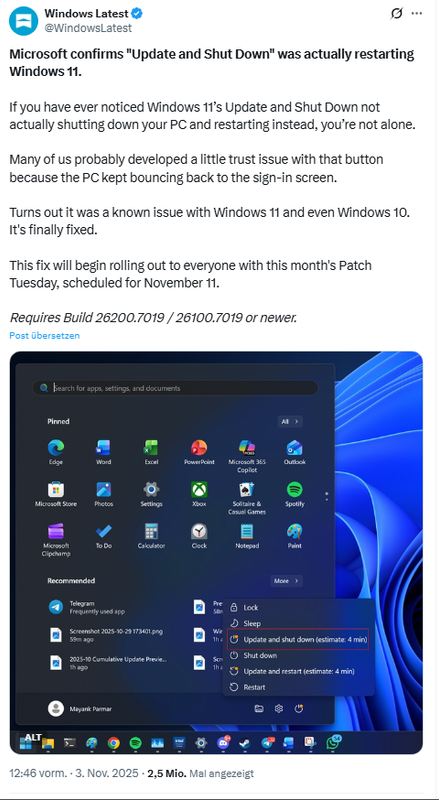 Startmenü-Bug "Aktualisieren und herunterfahren" bestätigt