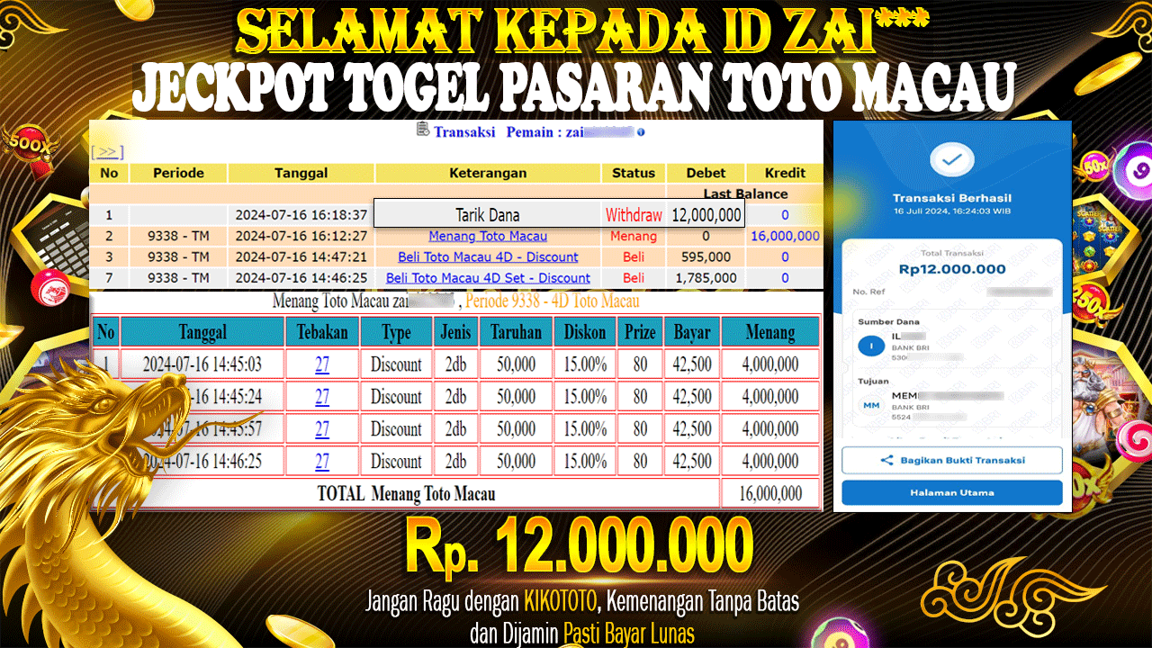JECKPOTT !!! MENANG BESAR DI TOGEL PASARAN TOTO MACAU SEBESAR Rp 12,000,000 LANGSUNG DI BAYAR KIKOTOTO !!!!