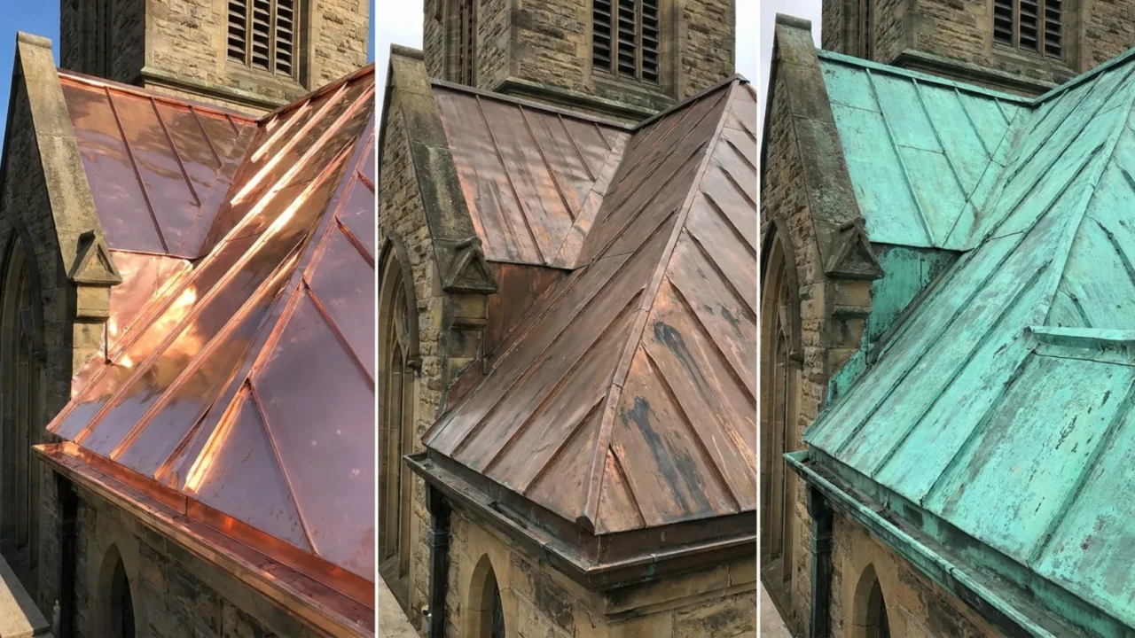 Three stages of copper roof patina side by side showing new penny red, intermediate brown, and full verdigris green
