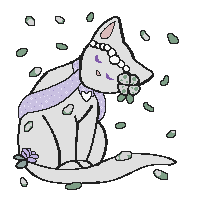 art of a white cat with purple ears wearing jewelry and snowdrop flower items