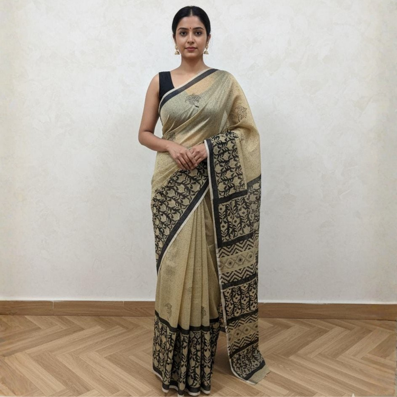Handblock Printed Kota Doriya Saree | Sheer, Lightweight & Gracefully Textured Design - 1