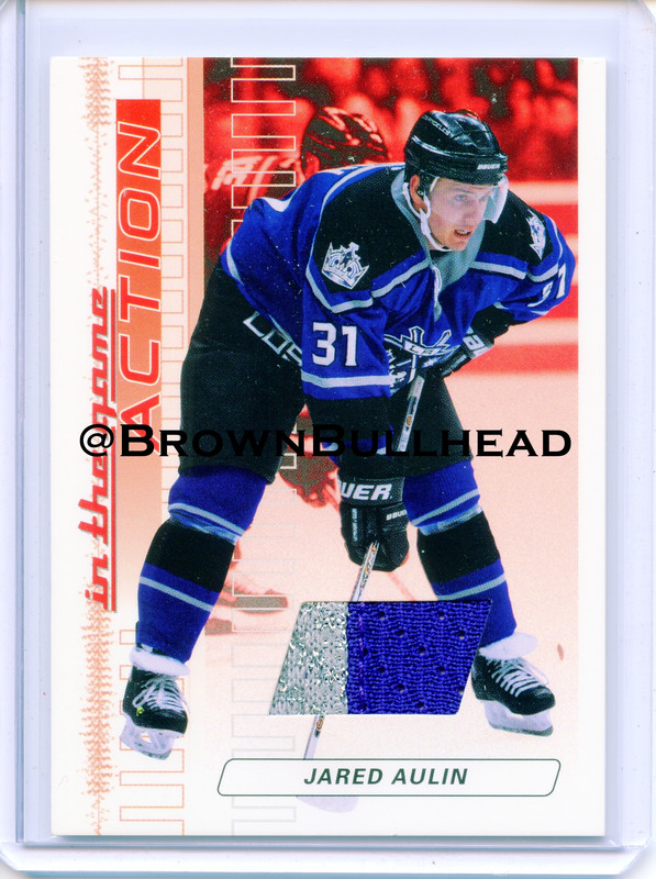 2003-04 ITG Action Jerseys #M-003 [Jared Aulin] [Los Angeles Kings] [Ruby] [~500] [swatch=silver pur