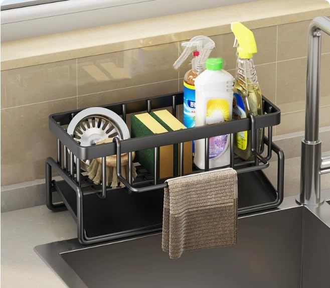 Modern Metal Sink Caddy and Sponge Holder with Automatic Drainage