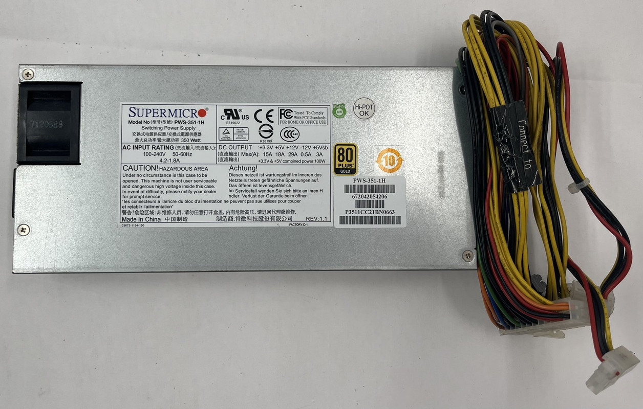 SUPERMICRO PWS-351-1H GOLD 80 PLUS 350W 1U POWER SUPPLY 672042054206