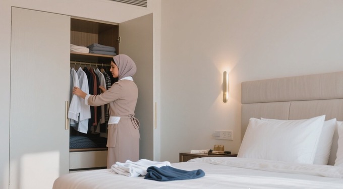 Housemaid organizing and maintaining a bedroom