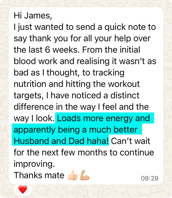 WhatsApp message from a client to James about workouts and energy