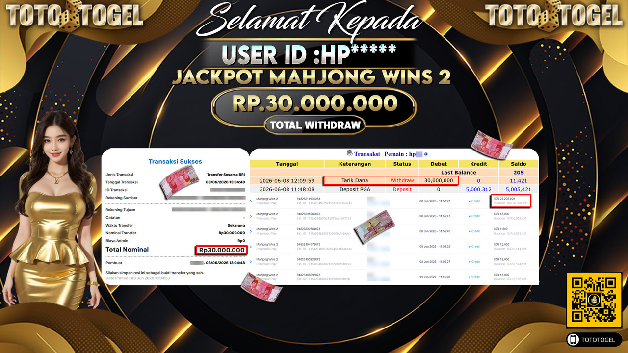Bukti Pembayaran Jackpot Permainan Slot Mahjong Wins 2 ID:HP*****LUNAS