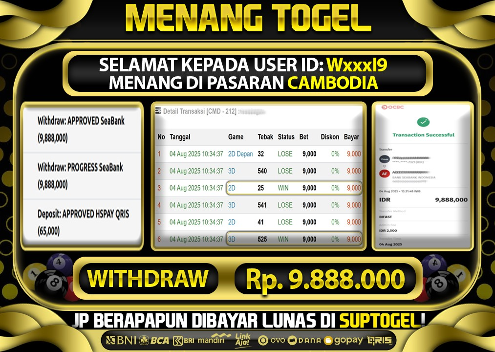 BUKTI KEMENANGAN 4 AGUSTUS 2025 MENANG DI PASARAN CAMBODIA  TOTAL WD 9 JUTAAN