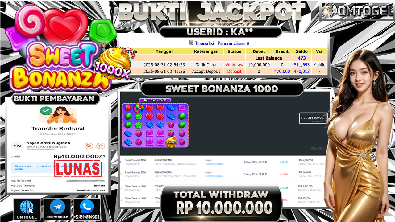 OMTOGEL JACKPOT PRAGMATIC PLAY SWEET BONANZA 1000 10 JUTA DI BAYAR LUNAS ,-