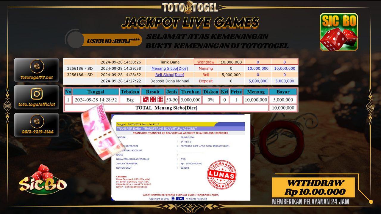 Bukti Kemenangan Permainan Live Games ID : BERJ*** Terbayar Lunas!!
