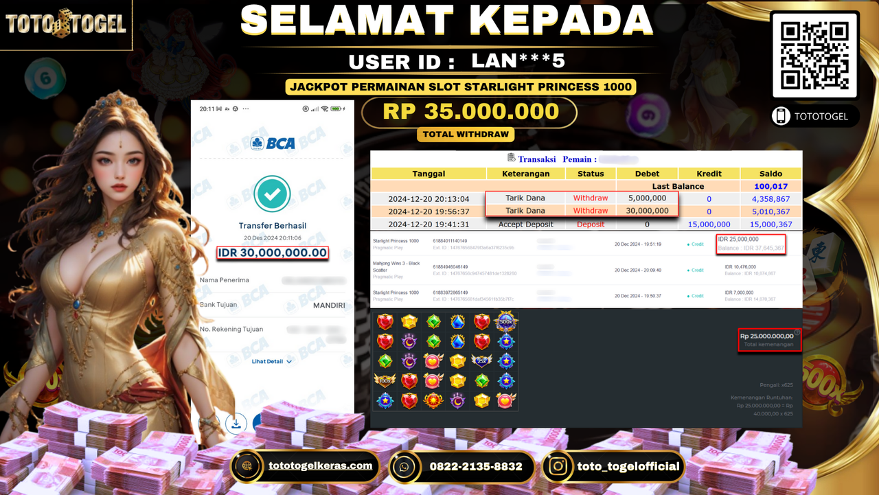 Bukti Pembayaran Jackpot  Permainan Slot Starlight Princess 1000 : LAN***5 LUNAS