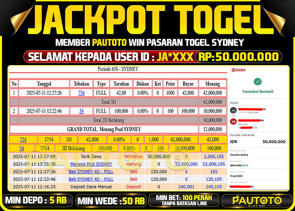 BUKTI PEMBAYARAN TGL 11 JULY 2025 MENANG DI PASARAN SYDNEY LOTTO TOTAL WD 50 JUTA