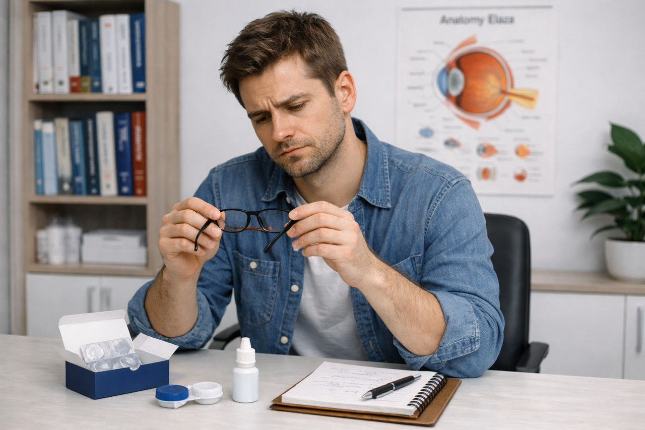Молодой пациент с высокой близорукостью, уставший от очков и контактных линз, рассматривает альтернативные методы коррекции зрения