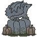 A statue of a grey-blue Leafhog perched on top of a pumpkin. It is slightly overgrown with moss and ivy. Two smaller pumpkins are offered beneath it.