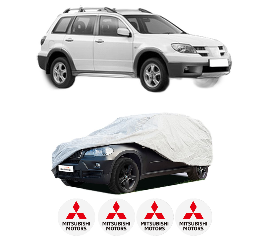 Husa tip prelata auto pentru MITSUBISHI OUTLANDER I (CU_W) din 2001-2007, Culoare Gri, material textil impermeabil, rezistanta la intemperii praf UV, CARPASSION Husa Protectie, 4 Stickere auto cu MITSUBISHI
