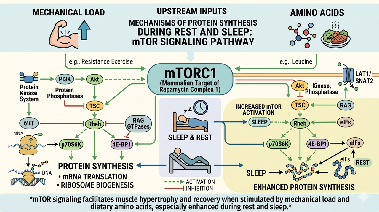 Graph showing muscle protein synthesis vs breakdown over time peaking during sleep and rest days after weight training exercise