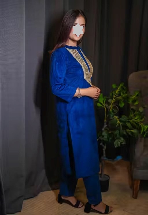 Women's Woolen Velvet Kurta and Pant Set | Winter Wear | Warm Velvet Ethnic Outfit | V-Neck Embroidery Lace Work Design | Blue Colour Color 1 (KS129)