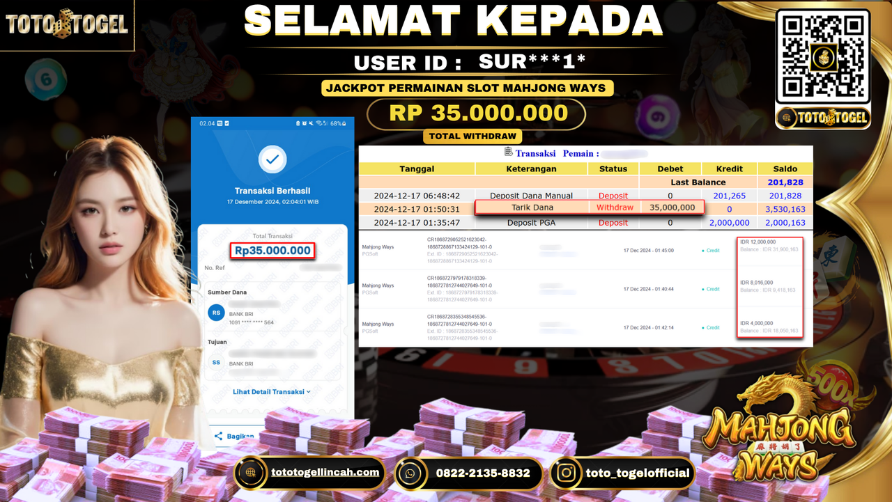 Bukti Pembayaran Jackpot Permainan Slot Mahjong Ways  ID: SUR***1* LUNAS