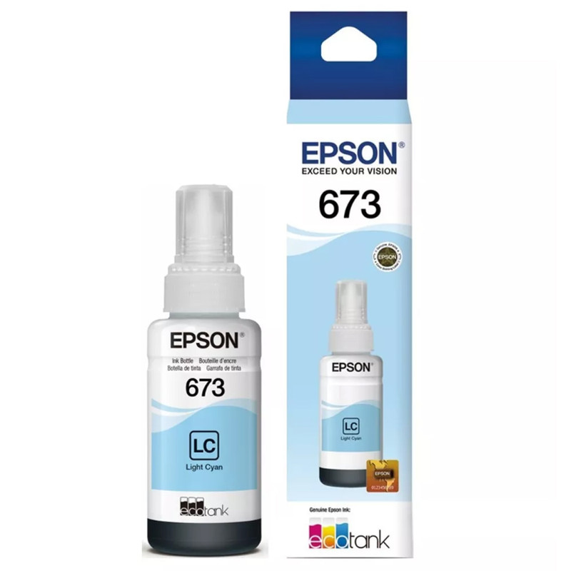 Botella de tinta original Epson 673 de color cian claro.