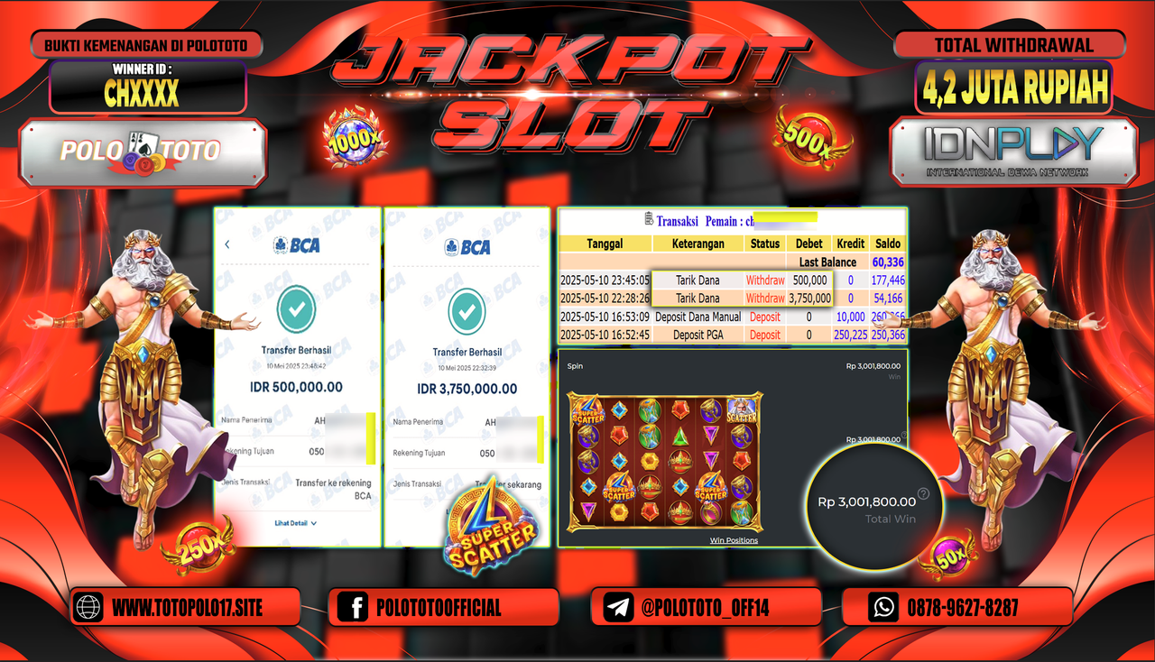 POLOTOTO JACKPOT SLOT GATES OF OLYMPUS SUPER SCATTER Rp.4.250.000,-