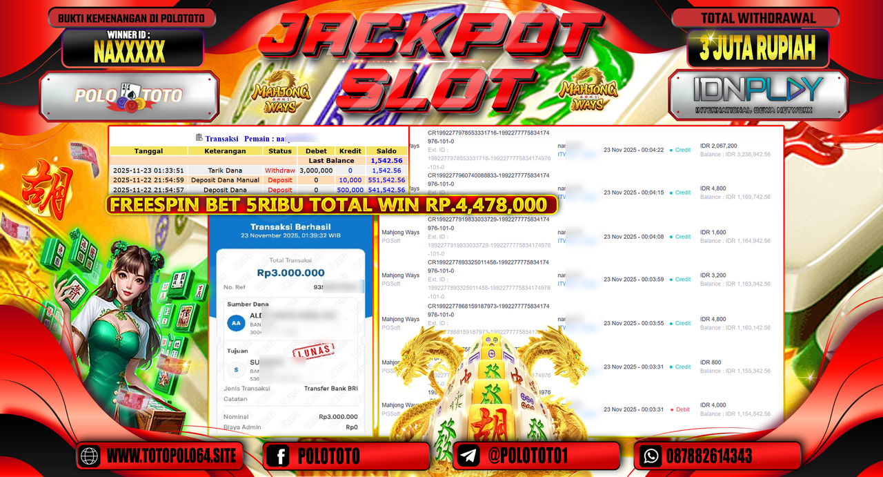 POLOTOTO JACKPOT SLOT MAHJONG WAYS Rp..3.000.000,- LUNAS