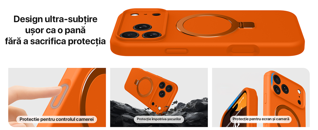 Husa pentru iPhone 17 Pro Max DaDen® Silicon MagSafe Ring, Inel de Prindere, Incarcare Wireless, Protectie Camera, Antisoc, Protectie Action Button, Maro descriere