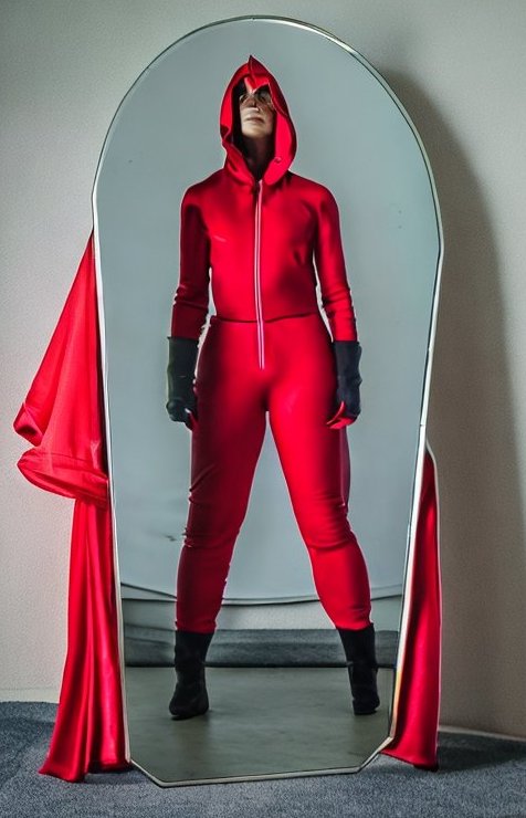 Photo of a woman in a full length mirror. She is wearing a red full body suit with a hood and mask that covers her eyes and nose