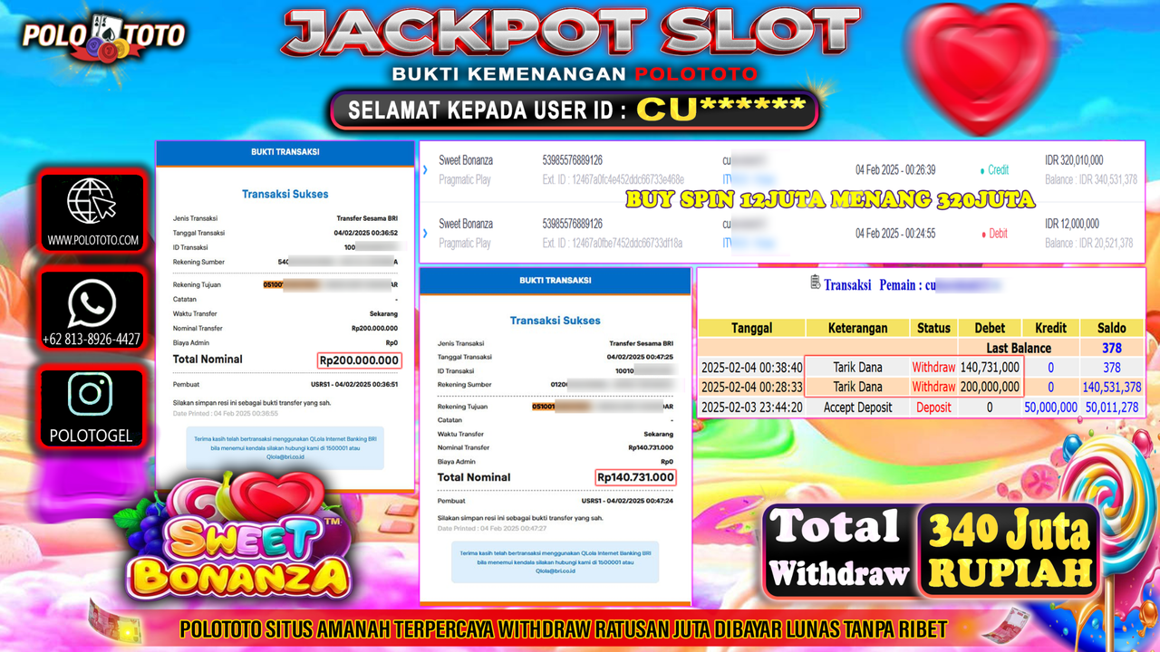 POLOTOTO JACKPOT SLOT SWEET BONANZA Rp.340,731.000,-