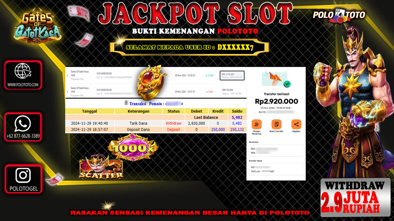 POLOTOTO JACKPOT SLOT GATES OF GATOT KACA 1000 Rp.2,920.000,-