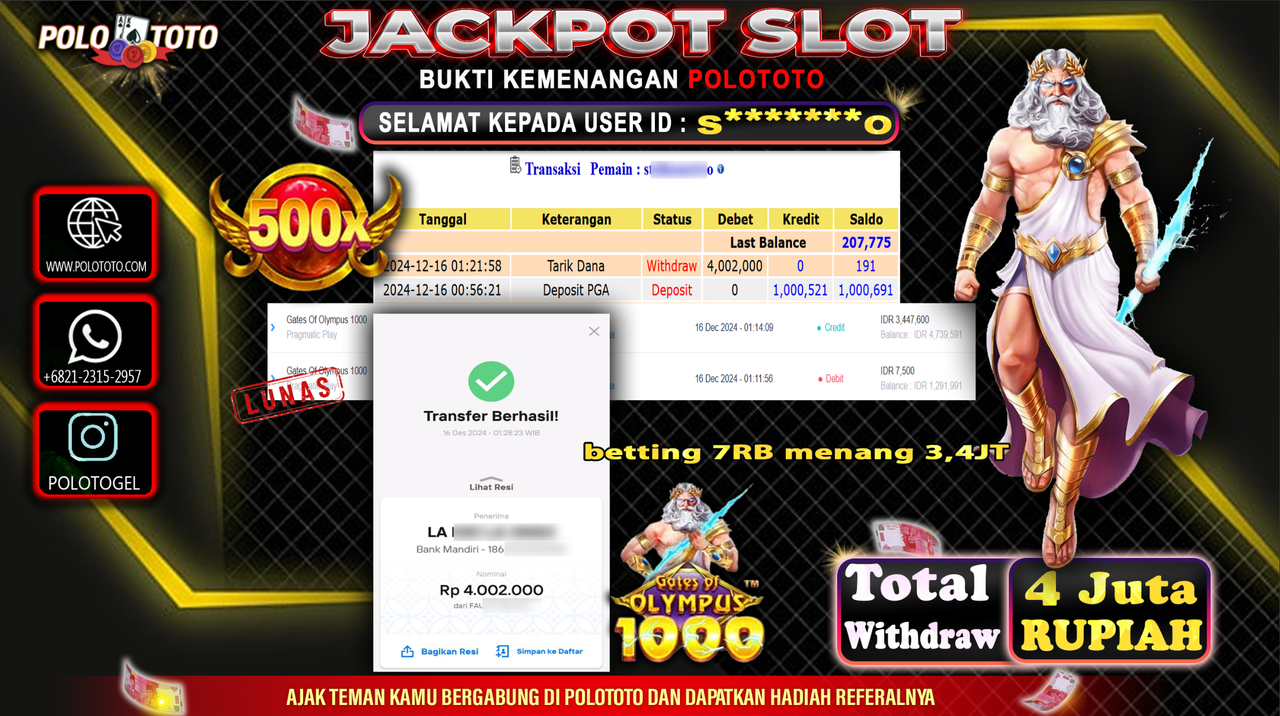 POLOTOTO JACKPOT SLOT GATES OF OLYMPUS Rp.4,002.000,-