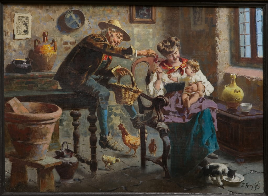 Eugenio-Zampighi-Scene-with-a-Man-a-Woman-and-a-Babygirl-oil-on-canvas-Meister-Drucke-1400722