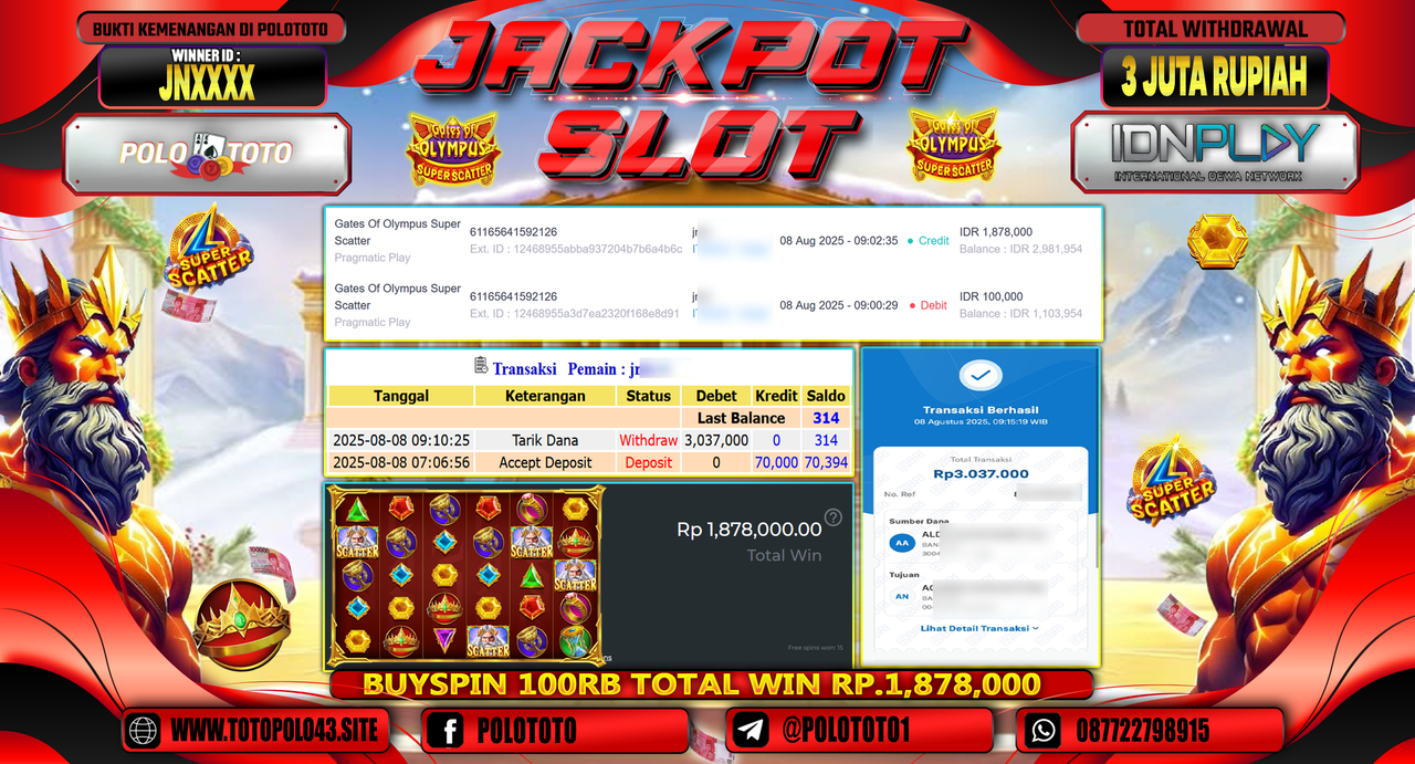POLOTOTO JACKPOT SLOT GATES OF OLYMPUS SUPER SCATTER Rp.3.000.000,-LUNAS