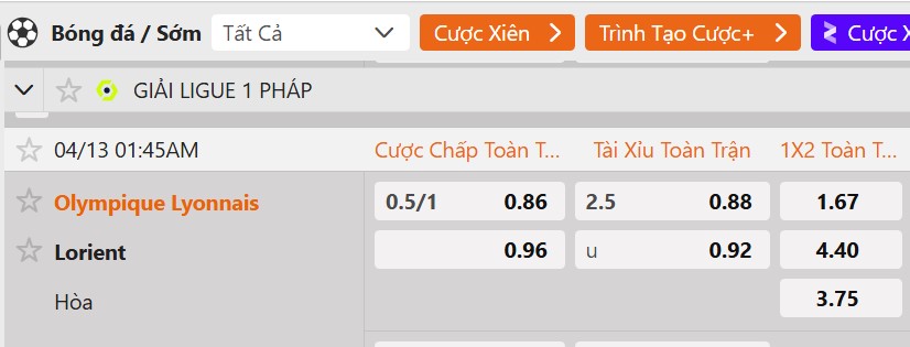 Tỷ lệ kèo Lyon vs Lorient