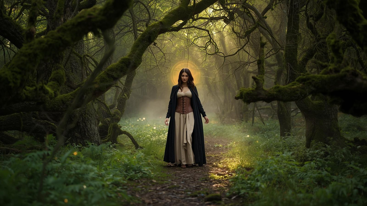 A mystical forest path winding through dense, moss-covered trees with twisted branches, soft sunligh