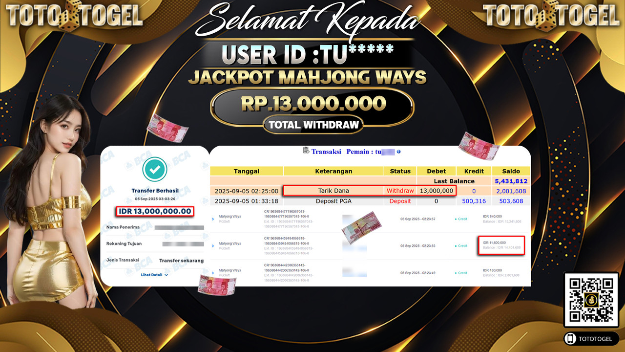 Bukti Pembayaran Jackpot Permainan Slot Mahjong Ways ID:TU***** LUNAS