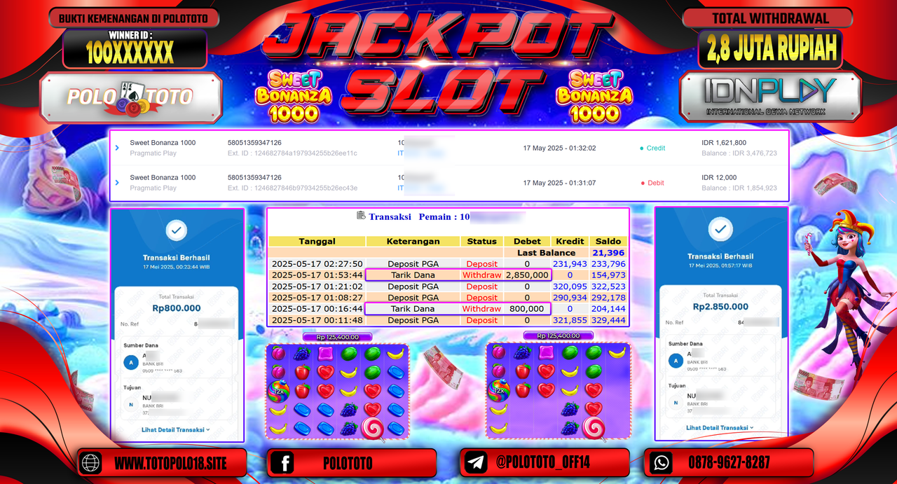 POLOTOTO JACKPOT SLOT SWEET BONANZA 1000 Rp.2.850.000,-