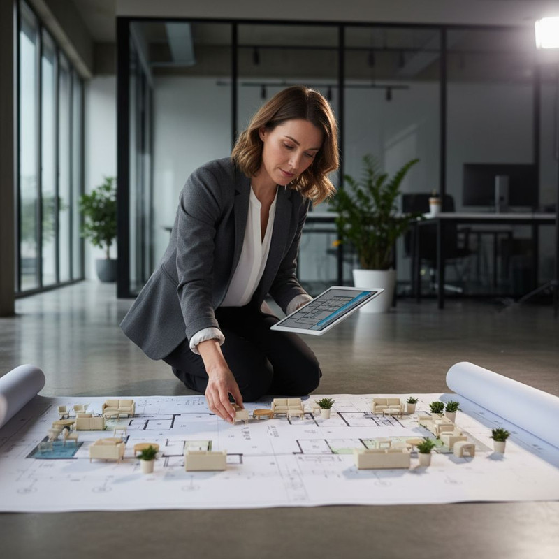 Организатор мероприятий с планшетом тщательно планирует расстановку мебели в зале, чтобы избежать ошибок при аренде.