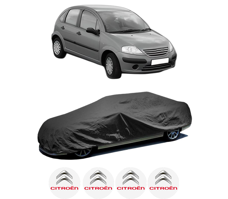 Husa tip prelata auto pentru CITROEN C3 I (FC_, FN_) din 2002-2012, Culoare Negru, material textil impermeabil, rezistanta la intemperii praf UV, CARPASSION Husa Protectie, 4 Stickere auto cu CITROEN