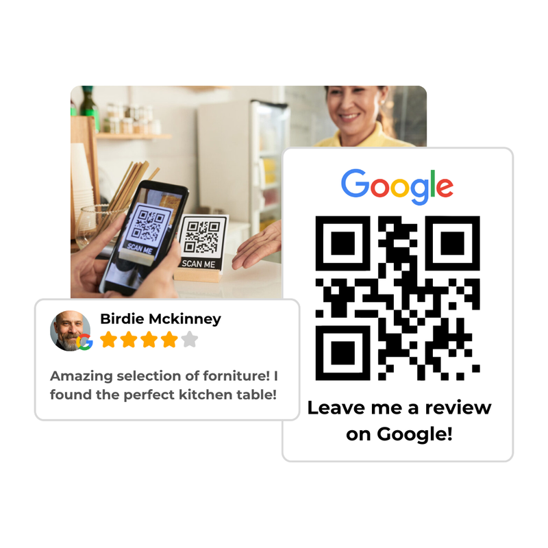 Customer scanning a QR code to leave a review in a store.