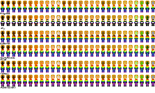 a row of people with pride flag shirts and golden blond hair