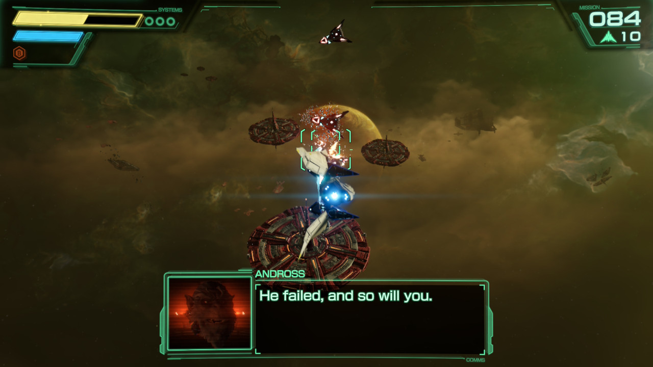 Fox battling with the Arwing through Area 6 while Andross taunts him from his comms in Star Fox