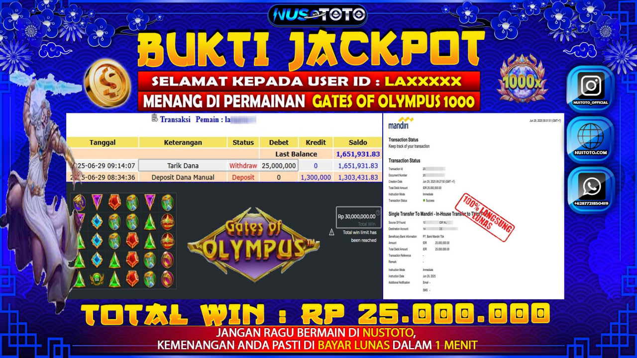 JACKPOT !! MENANG BESAR DI SLOT GATES OF OLYMPUS 1000 Rp. 25.000.000 LANGSUNG DI BAYAR LUNAS NUSTOTO !!