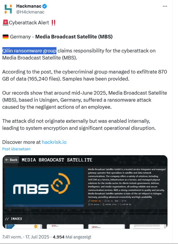 Cyberangriff auf Media Broadcast Satellite (MBS) GmbH