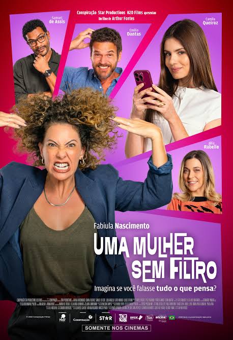 Uma Mulher Sem Filtro 2025 movie poster featuring a smiling woman with a phone filter theme