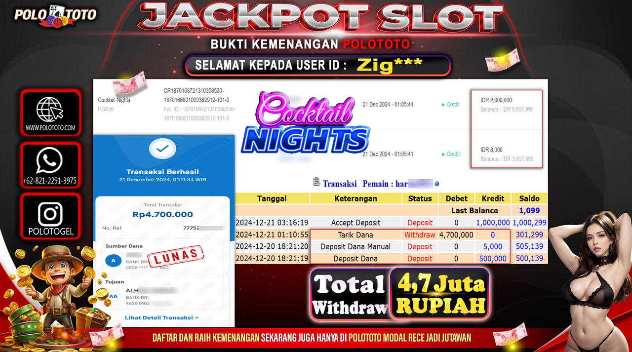 POLOTOTO JACKPOT SLOT COCKTAIL NIGHTS Rp.4,700.000,-