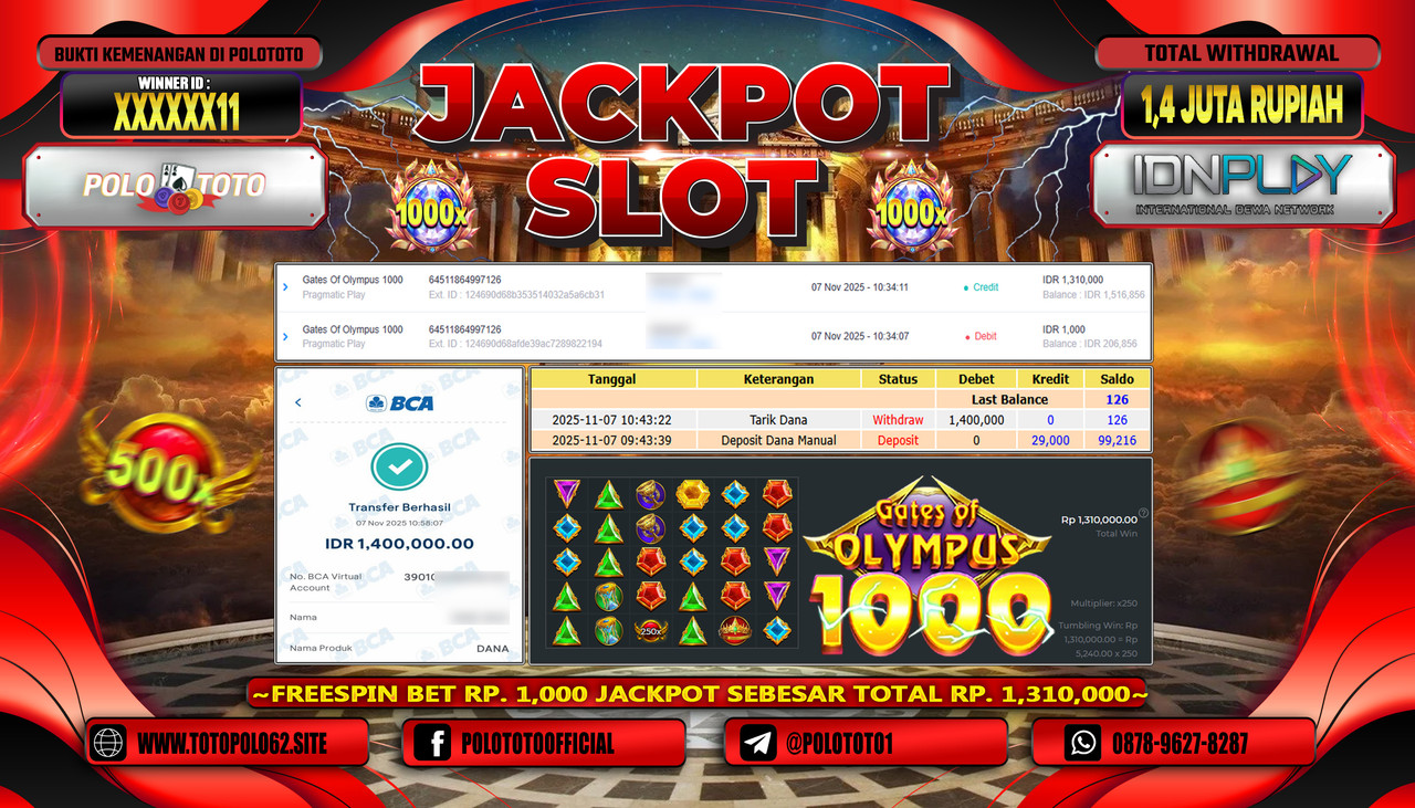 POLOTOTO JACKPOT SLOT GATES OF OLYMPUS 1000 Rp.1.400.000,- LUNAS