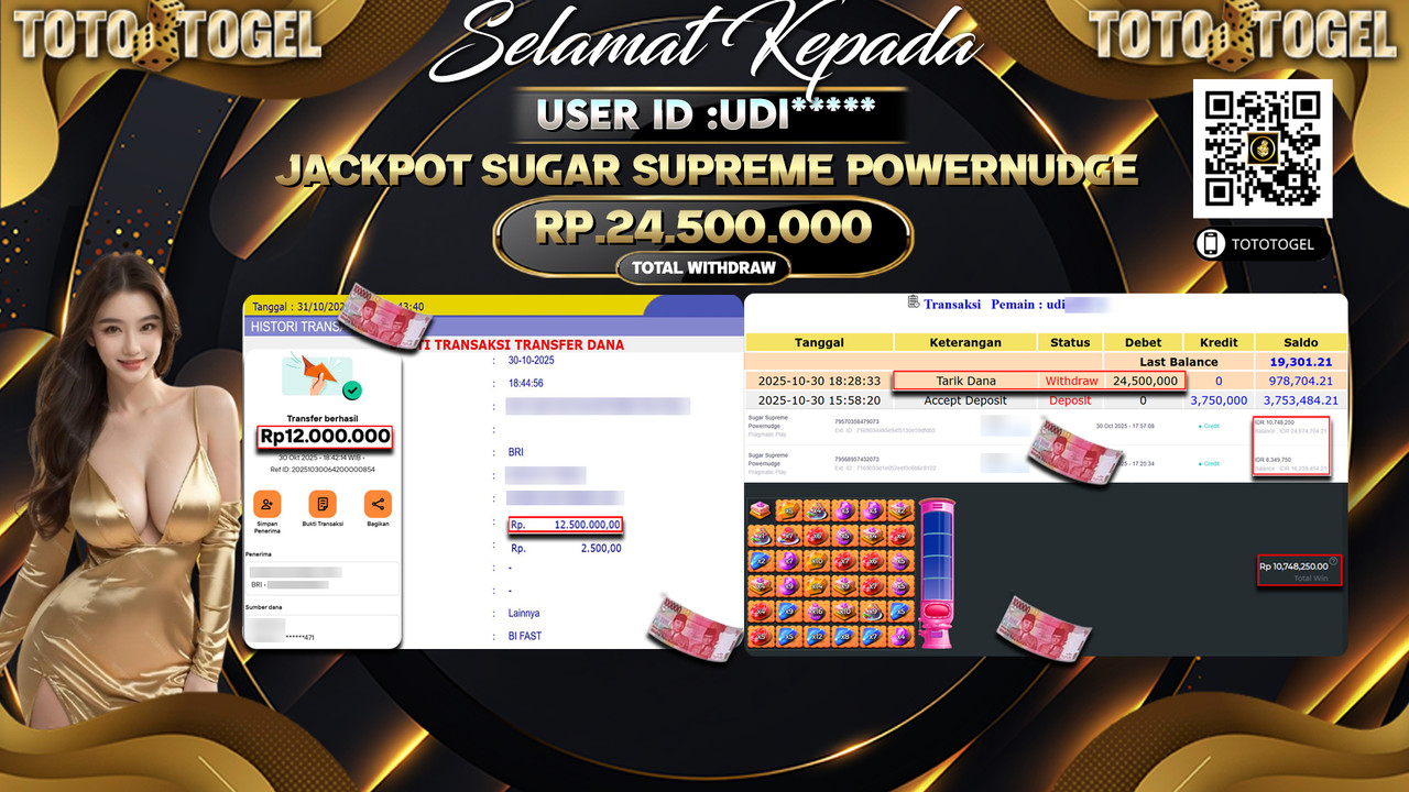 Bukti Pembayaran Jackpot Permainan Slot Sugar Supreme PowerNudge ID:UDI**** LUNAS